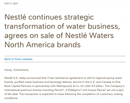 快讯 | 雀巢以43亿美元出售美国加拿大瓶装水业务，但不包括普娜等高端品牌